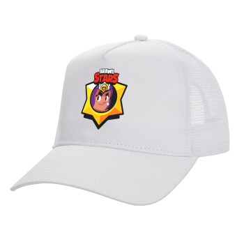 Brawl Stars Shelly, Structured Trucker Adult Hat, with Mesh, WHITE (100% COTTON, ADULT, UNISEX, ONE SIZE)