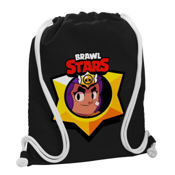 Brawl Stars Shelly, Backpack pouch GYMBAG Black, with pocket (40x48cm) & thick white cords