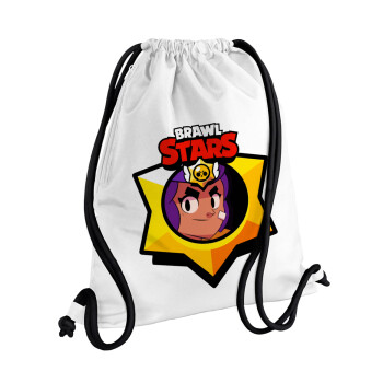 Brawl Stars Shelly, Backpack pouch GYMBAG white, with pocket (40x48cm) & thick cords