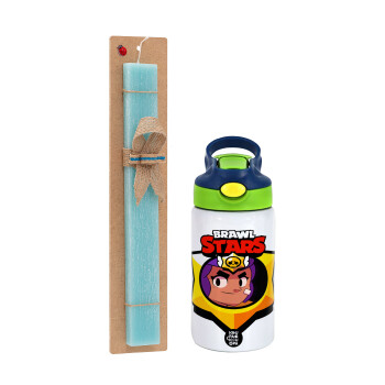 Brawl Stars Shelly, Easter Set, Children's thermal stainless steel bottle with safety straw, green/blue (350ml) & aromatic flat Easter candle (30cm) (TURQUOISE)