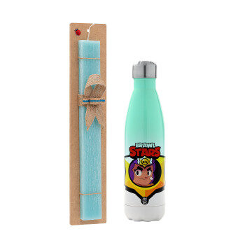 Brawl Stars Shelly, Easter Set, Metallic green/white thermos (Stainless steel), double-walled, 500ml & scented flat Easter candle (30cm) (TURQUOISE)