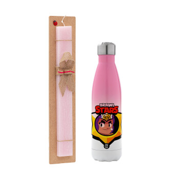 Brawl Stars Shelly, Easter Set, Metallic pink/white (Stainless steel) thermos, double-walled, 500ml & aromatic flat Easter candle (30cm) (PINK)