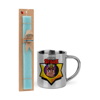 Brawl Stars Shelly, Easter Set, metallic thermal cup (300ml) & aromatic flat Easter candle (30cm) (TURQUOISE)