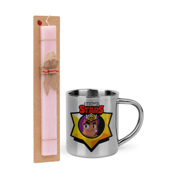 Brawl Stars Shelly, Easter Set, metallic thermal cup (300ml) & aromatic flat Easter candle (30cm) (PINK)