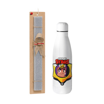 Brawl Stars Shelly, Easter Set, metallic stainless thermos bottle (500ml) & scented flat Easter candle (30cm) (GRAY)