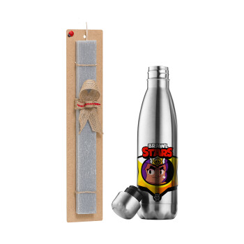 Brawl Stars Shelly, Easter Set, metallic stainless thermos flask (500ml) & scented flat Easter candle (30cm) (GRAY)