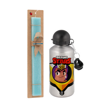 Brawl Stars Shelly, Easter Set, metallic silver aluminum water bottle (500ml) & scented flat Easter candle (30cm) (TURQUOISE)