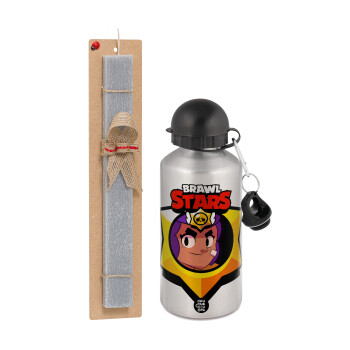 Brawl Stars Shelly, Easter Set, metallic silver aluminum water bottle (500ml) & aromatic flat Easter candle (30cm) (GRAY)