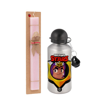 Brawl Stars Shelly, Easter Set, metallic Silver aluminum water bottle (500ml) & scented flat Easter candle (30cm) (PINK)