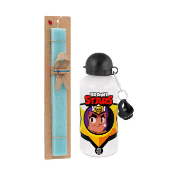 Brawl Stars Shelly, Easter Set, metallic aluminum water bottle (500ml) & scented flat candle (30cm) (TURQUOISE)