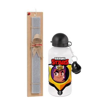 Brawl Stars Shelly, Easter Set, metallic aluminum water bottle (500ml) & aromatic flat Easter candle (30cm) (GRAY)