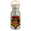 Stainless steel metallic thermos flask, silver with a bamboo lid, double-walled, 350ml.