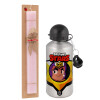 Easter Set, metallic Silver aluminum water bottle (500ml) & scented flat Easter candle (30cm) (PINK)