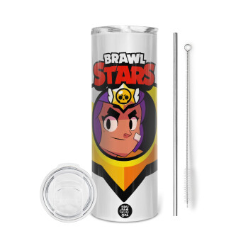 Brawl Stars Shelly, Tumbler ποτήρι θερμό από ανοξείδωτο ατσάλι 600ml, με μεταλλικό καλαμάκι & βούρτσα καθαρισμού