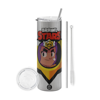 Brawl Stars Shelly, Eco friendly stainless steel Silver tumbler 600ml, with metal straw & cleaning brush