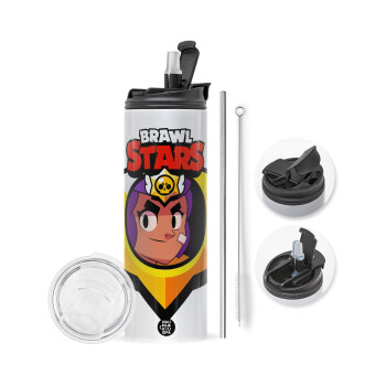 Brawl Stars Shelly, Travel Tumbler θερμό με διπλό καπάκι, μεταλλικό καλαμάκι και βούρτσα καθαρισμού (Ανωξείδωτο 304 Food grade, BPA free, 600ml)