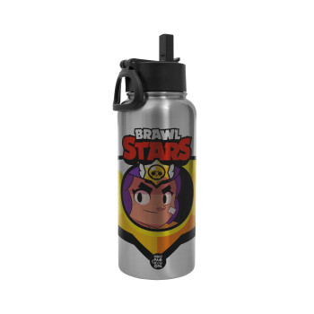 Brawl Stars Shelly, Metal mug thermo Silver with Straw and Spout Lid (Stainless steel), double wall, 950ml