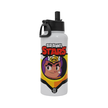 Brawl Stars Shelly, Metal mug thermo White with Straw and Spout Lid (Stainless steel), double wall, 950ml