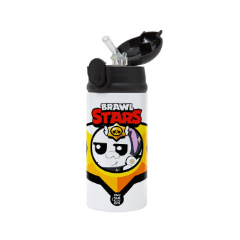 Brawl Stars Kit, Children's hot water bottle, stainless steel, with safety straw, Black (360ml) BPA-FREE