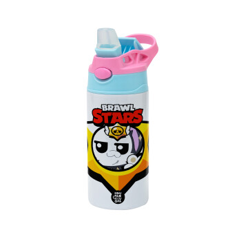 Brawl Stars Kit, Children's hot water bottle, stainless steel, with safety straw, Pink/BlueCiel (360ml) BPA FREE