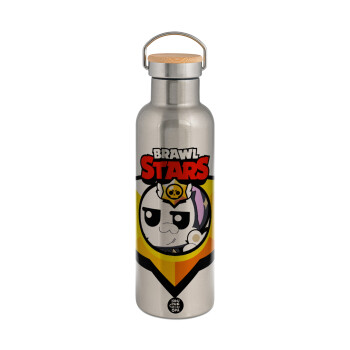 Brawl Stars Kit, Μεταλλικό παγούρι θερμός (Stainless steel) Ασημένιο με ξύλινο καπακι (bamboo), διπλού τοιχώματος, 750ml