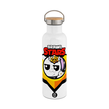 Brawl Stars Kit, Μεταλλικό παγούρι θερμός (Stainless steel) Λευκό με ξύλινο καπακι (bamboo), διπλού τοιχώματος, 750ml