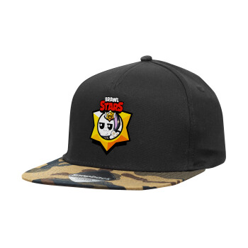 Brawl Stars Kit, Adult Flat Snapback Hat Black/Camouflage, (100% COTTON TWILL, ADULT, UNISEX, ONE SIZE)