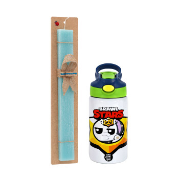 Brawl Stars Kit, Easter Set, Children's thermal stainless steel bottle with safety straw, green/blue (350ml) & aromatic flat Easter candle (30cm) (TURQUOISE)