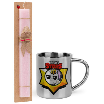 Brawl Stars Kit, Easter Set, metallic thermal cup (300ml) & aromatic flat Easter candle (30cm) (PINK)