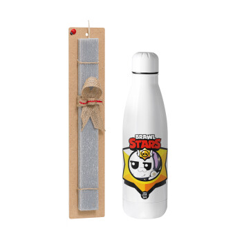 Brawl Stars Kit, Πασχαλινό Σετ, μεταλλικό παγούρι Inox (700ml) & πασχαλινή λαμπάδα αρωματική πλακέ (30cm) (ΓΚΡΙ)