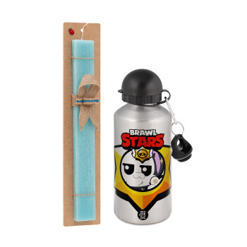 Brawl Stars Kit, Easter Set, metallic silver aluminum water bottle (500ml) & scented flat Easter candle (30cm) (TURQUOISE)