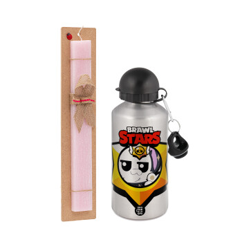 Brawl Stars Kit, Easter Set, metallic Silver aluminum water bottle (500ml) & scented flat Easter candle (30cm) (PINK)