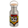 Stainless steel metallic thermos flask, silver with a bamboo lid, double-walled, 350ml.