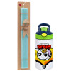 Easter Set, Children's thermal stainless steel bottle with safety straw, green/blue (350ml) & aromatic flat Easter candle (30cm) (TURQUOISE)