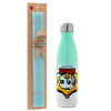 Easter Set, Metallic green/white thermos (Stainless steel), double-walled, 500ml & scented flat Easter candle (30cm) (TURQUOISE)