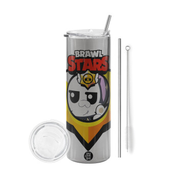 Brawl Stars Kit, Eco friendly ποτήρι θερμό Ασημένιο (tumbler) από ανοξείδωτο ατσάλι 600ml, με μεταλλικό καλαμάκι & βούρτσα καθαρισμού