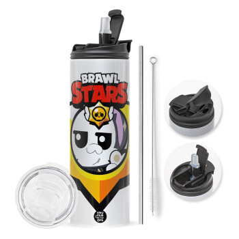 Brawl Stars Kit, Travel Tumbler θερμό με διπλό καπάκι, μεταλλικό καλαμάκι και βούρτσα καθαρισμού (Ανωξείδωτο 304 Food grade, BPA free, 600ml)