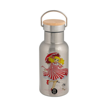 Candy, Stainless steel metallic thermos flask, silver with a bamboo lid, double-walled, 350ml.