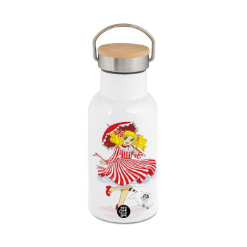 Candy, Metallic thermos (Stainless steel) White with wooden lid (bamboo), double-walled, 350ml