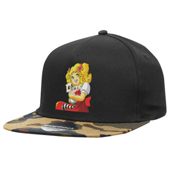 Candy, Adult Flat Snapback Hat Black/Camouflage, (100% COTTON TWILL, ADULT, UNISEX, ONE SIZE)