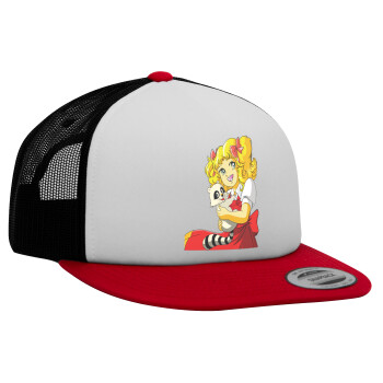 Candy, Adult Foam Flat Snapback with Mesh Red-White-Black (POLYESTER, ADULT, UNISEX, ONE SIZE)