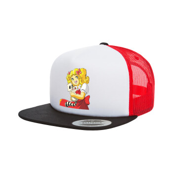 Candy, Adult Foam Flat Snapback with Mesh Black-White-Red (POLYESTER, ADULT, UNISEX, ONE SIZE)