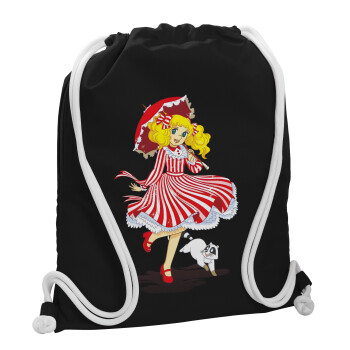 Candy, Backpack pouch GYMBAG Black, with pocket (40x48cm) & thick white cords