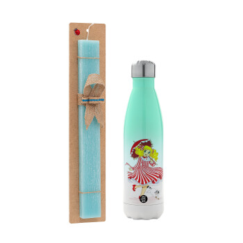 Candy, Easter Set, Metallic green/white thermos (Stainless steel), double-walled, 500ml & scented flat Easter candle (30cm) (TURQUOISE)