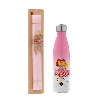 Candy, Easter Set, Metallic pink/white (Stainless steel) thermos, double-walled, 500ml & aromatic flat Easter candle (30cm) (PINK)