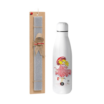 Candy, Easter Set, metallic stainless thermos bottle (500ml) & scented flat Easter candle (30cm) (GRAY)