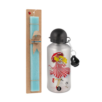 Candy, Easter Set, metallic silver aluminum water bottle (500ml) & scented flat Easter candle (30cm) (TURQUOISE)