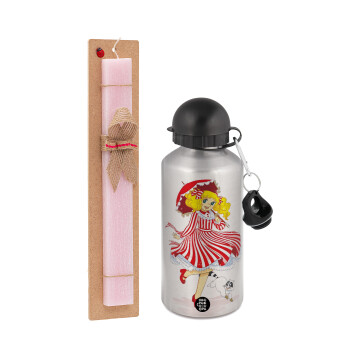 Candy, Easter Set, metallic Silver aluminum water bottle (500ml) & scented flat Easter candle (30cm) (PINK)