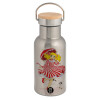 Stainless steel metallic thermos flask, silver with a bamboo lid, double-walled, 350ml.