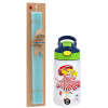 Easter Set, Children's thermal stainless steel bottle with safety straw, green/blue (350ml) & aromatic flat Easter candle (30cm) (TURQUOISE)